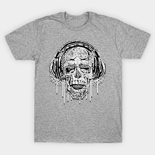 YODO Dripping Skull Wears Headphones BW T-Shirt